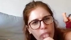 Jersey slut takes facial with glasses