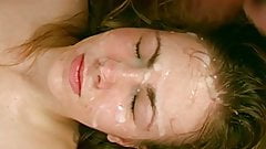 Brunette Gets Her Face Covered In Cum By 3 Guys