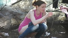 she wears a nice slim jeans outside and then…