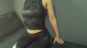Blonde in Ripped Leather Leggings Gets Fucked & Takes a Huge Cumshot on Her Leather Top