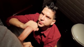 A straight man cum on my face in a mall bathroom