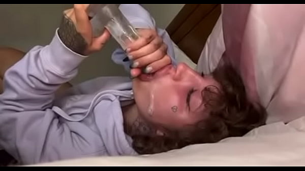 Upside down dildo sucking on the bed
